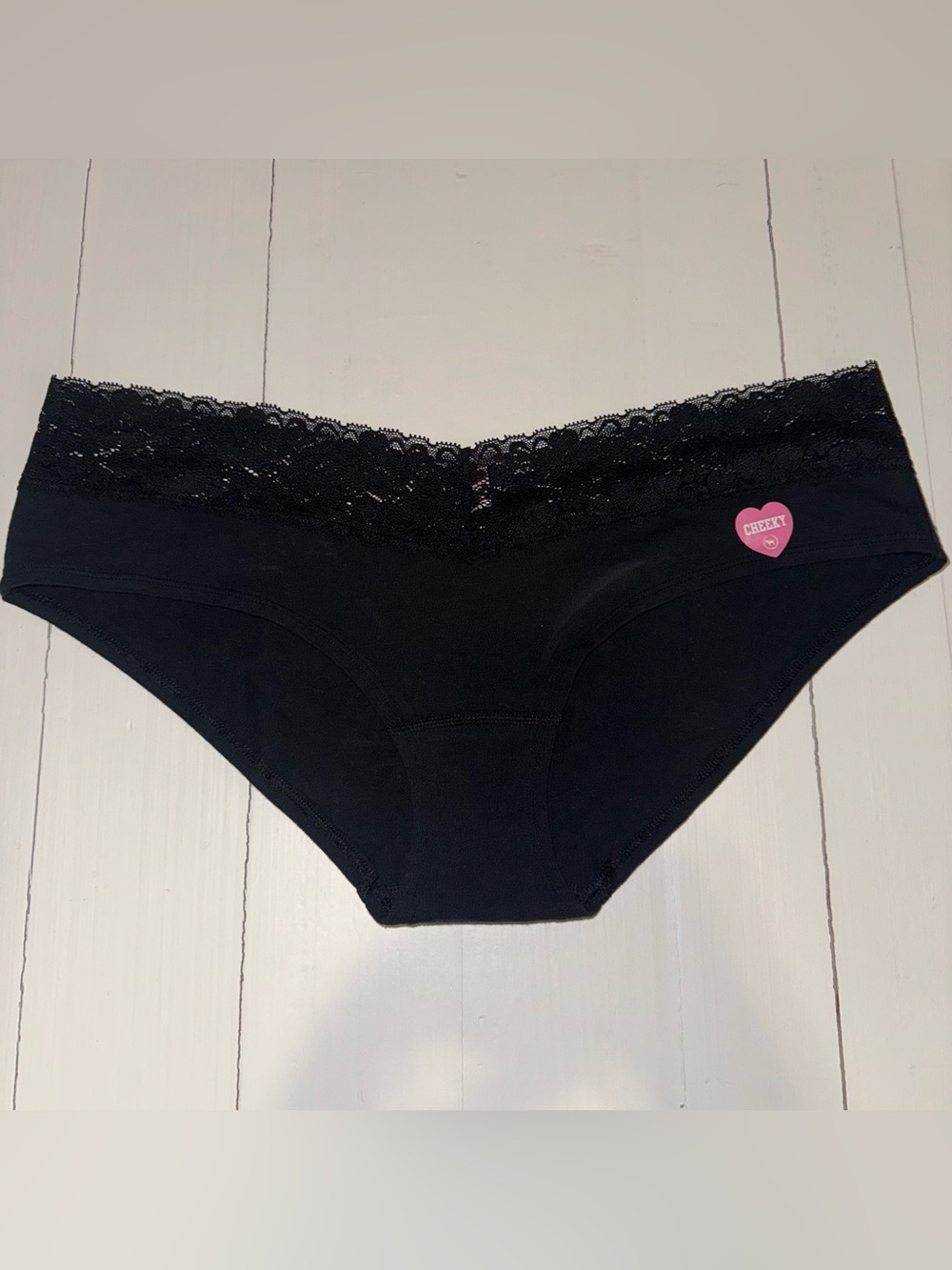 NWT Vintage 2009 PINK Victoria’s Secret Black Lace Waist Cheeky Panty Large